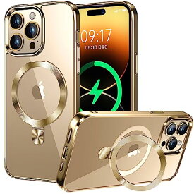 CSZENMEN【CD MagSafeリング・スタンド一体】iPhone14 Pro 用クリアケース[MagSafe対応・隠しスタンド] [本体の色・メッキバンパー]ストラップホール付き 角度調整可 米軍MIL規格取得・耐衝撃 アイホン14 Pro透明ケース スマホケース14プロ人気6.1インチ(ゴールド)