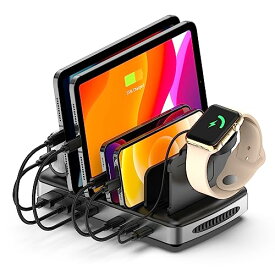 Alxum USB 充電ステーション 6ポート【PD20W*2+PD45W*1+USB A】 ipad 充電スタンド PD充電 タブレット 充電スタンド 複数台対応 PSE認証済 調整可能仕切り板 iwatch収納スタンド 収納便利 スマホ/タブレット/kindleなど対応