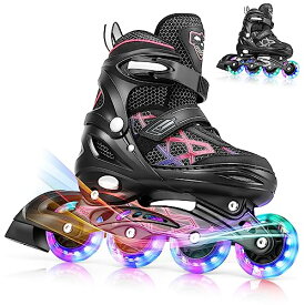 調整可能なインライン スケート ローラー ブレード スケート ライト アップ ホイール 子供の男の子と女の子のための女性の靴します (M, ピンク)