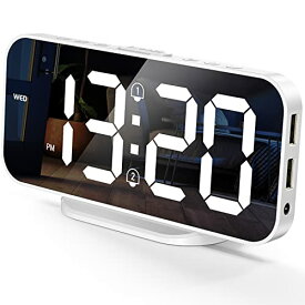 EDUP LOVE デジタル目覚まし時計、LEDミラー電子時計、2つのUSB充電ポート、スヌーズモード、12 / 24H、明るさの調整、キッチン寝室のリビングルームオフィス用のモダンな卓上時計- 白（作業には電源接続が必要です）