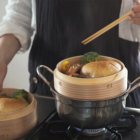 かごや　杉　中華せいろ　18cm　ステンレス鍋付セット　/　蒸し器 天然木 杉 セイロ 蒸篭 蒸し料理 温野菜 飲茶 中華せいろ 調理道具 おもてなし 1～3人用 専用鍋 鍋付き IH対応 直火 2段 コンパクト