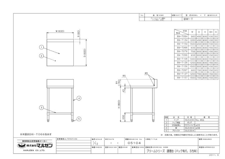 楽天市場】マルゼン 調理台三方枠 BW-T154 ブリームシリーズ SUS430 