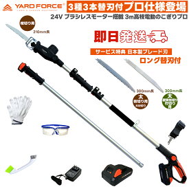 即日発送 2025最新型 【日本製切れる替刃3種・他付】　YARD FORCE 24Vコードレス 3m ブラシレス 高枝電動 のこぎり プロ ( ブラシレスモーター 搭載) LS C21PA-JP プロ仕様モデル＋ 保護メガネ・軍手・ 3種替刃 ・ブラシ付 高枝 枝切 竹伐 ヤードフォース