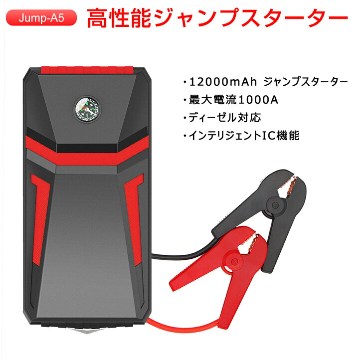 楽天市場 ジャンプスターター 12v車用エンジンスターター ブースターケーブル 100mah 最大電流1000a 車のバッテリー上がり対策 ディーゼル車対応 災害時の電源確保 Led緊急ライト搭載 非常用電源 防災グッズ バイク スマホ Pse認証済 6ヶ月保証 プロステーション