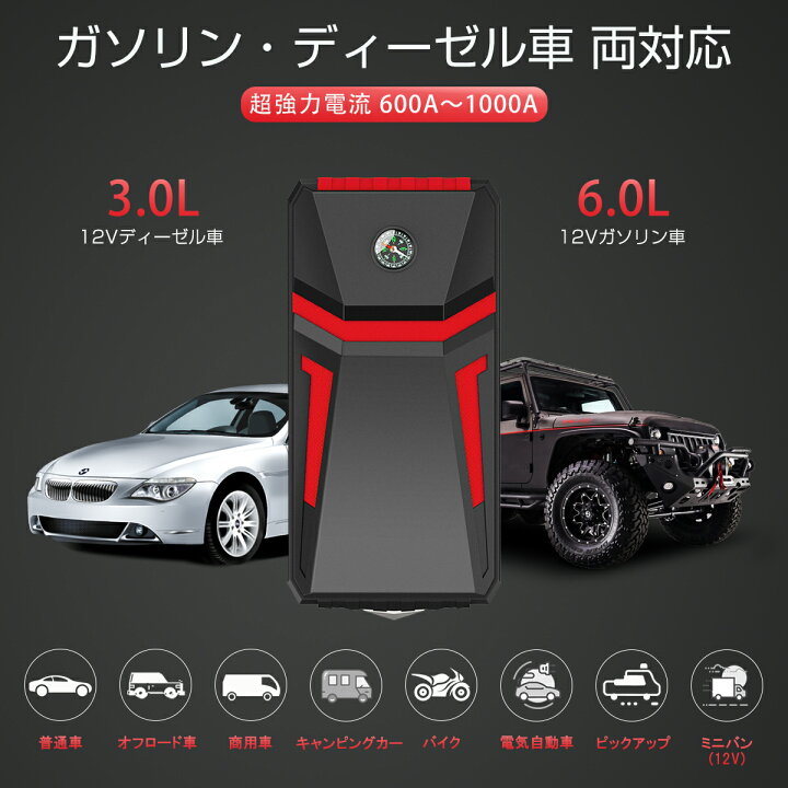 楽天市場 ジャンプスターター 12v車用エンジンスターター ブースターケーブル 100mah 最大電流1000a 車のバッテリー上がり対策 ディーゼル車対応 災害時の電源確保 Led緊急ライト搭載 非常用電源 防災グッズ バイク スマホ Pse認証済 6ヶ月保証 プロステーション