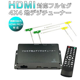 地デジチューナー カーナビ ワンセグ フルセグ HDMI 4x4 高性能 4チューナー 4アンテナ 自動切換 150km/hまで受信 高画質 古い車載TVやカーナビにも使える 12V/24V フィルムアンテナ miniB-CASカード付き 6ヶ月保証 SDL