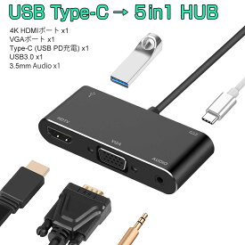 USB Type-C ハブ 5in1 4K USB3.0 ミラーリング HDMI VGA 個別のモニター PD充電 スマホゲーム 拡張 変換 黒 軽量 MacBook Galaxy ChromeBook VAIO Mac Windows対応 1ヶ月保証