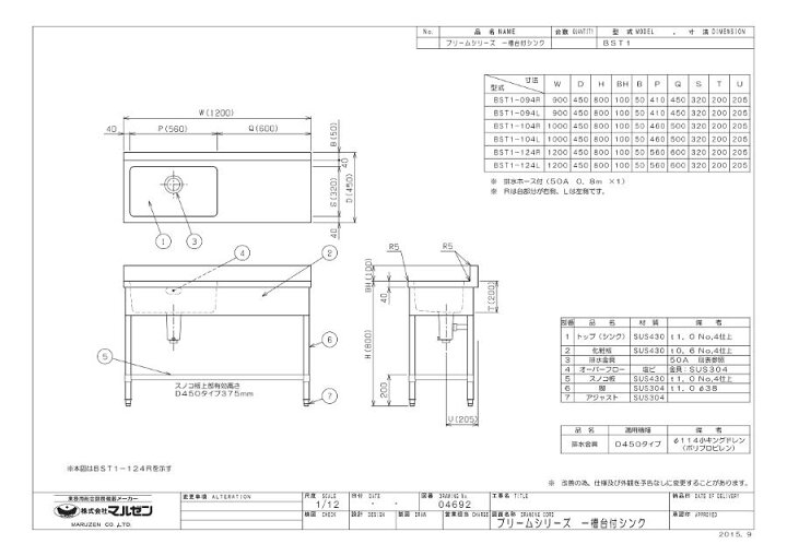 楽天市場】マルゼン 1槽台付シンク BST1-124R 流し台 ブリームシリーズ 