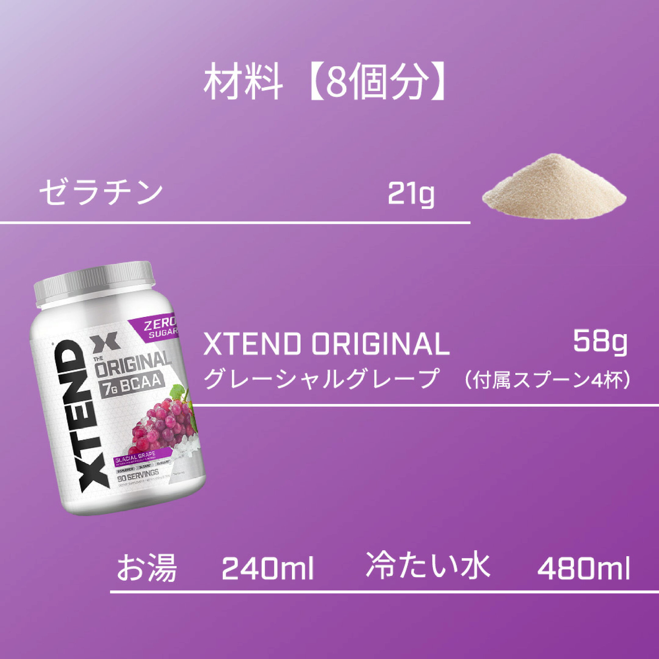 材料：ゼラチン 21g、XTEND ORIGINAL グレーシャルグレープ 58g（付属スプーン4杯）、お湯 240ml、冷たい水 480ml