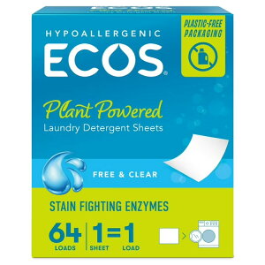 �G�R�X ��h���� �q�����p �����܃V�[�g �t���[���N���A 64�� ECOS Hypoallergenic Laundry Detergent Sheets for Sensitive Skin, Free & Clear, 64 ct �y�����񂹏��i�z