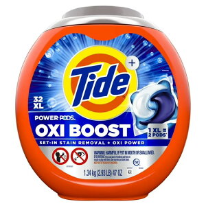 �^�C�h �I�L�V�u�[�X�g �p���[�|�b�Y �X�e�C�������[�o�[���I�L�V�p���[ ������ 32�� Tide Oxi Boost Power Pods with Stain Remover and Oxi Power Laundry Detergent, 32 Count �y�����񂹏��i�z