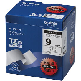 ブラザー Tzeテープ 黒文字／白地 ／9mm (お徳用パック5個入) TZe-221V