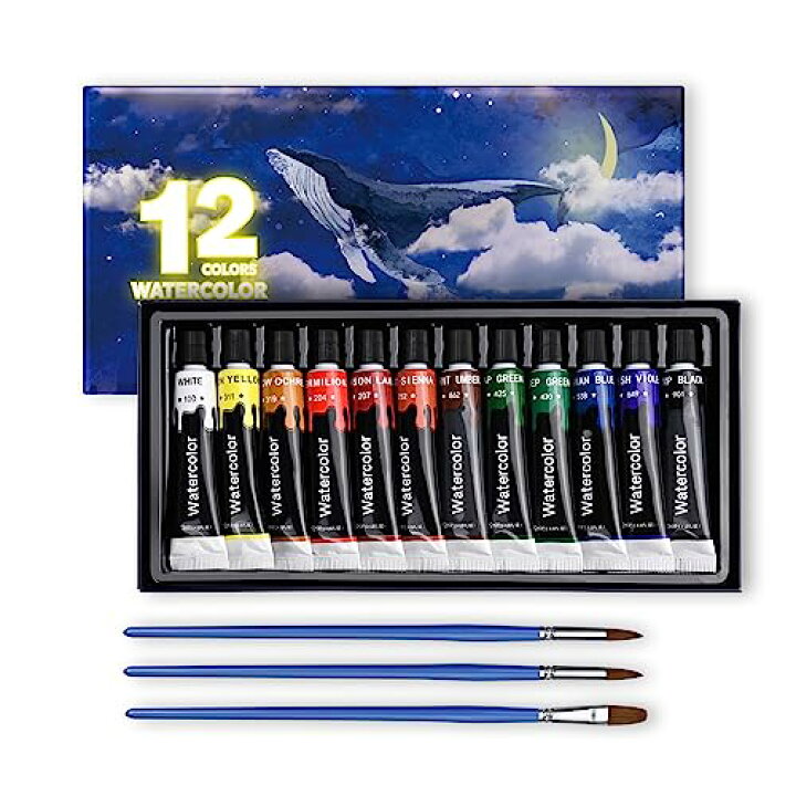 楽天市場】15点セット 水彩絵の具 12色 透明水彩絵の具 3本ブラシ付き 