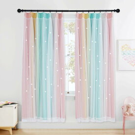 PONY DANCE 透かし彫り 姫糸 遮光カーテン 星柄 あたたかでやさしい グラデーション 白いレースカーテン付き 可愛い 省エネ スタ―ライト 弥生の色 子ども部屋 目隠し 防音 2枚セット 100x150cm