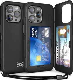 TORU CX SLIM iPhone 15 Pro ケース カード背面収納 | 隠れた 手帳型 3枚 カード | 2重構造 耐衝撃 IC カード ポケット パススリム カバー (ストラップ, ミラー 含ま) - ブラック