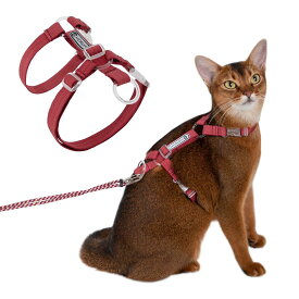猫 ハーネス 抜けない 散歩用 サイズ調節可能 簡単装着 軽量 柔軟 背中の長さは調節可能 小中大型猫適用 猫用ハーネスリードセット（レッド）