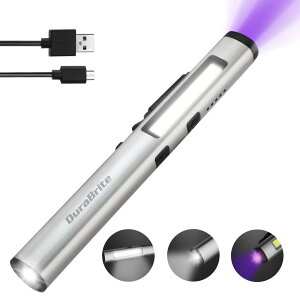 DuraBrite 懐中電灯 ハンディライト LEDライト ペンライト COBフラッドライト 365nm UVライト 紫外線ライト 多機能 USB充電式 小型 軽量 点検 偽札防止 鉱物鑑定 蛍光増白剤確認 グレー
