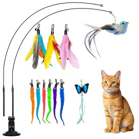 猫おもちゃ 猫じゃらしOziral 吸盤じゃらし 自動で遊ぶ 猫用玩具 ダブル吸盤 釣り竿 回弾可能 運動不足解消 ストレス解消 鳥/毛虫/蝶など交換用玩具11本 鈴付き 子猫 人気 猫遊び用品 屋内 ペット用品（14点ねこおもちゃセット）