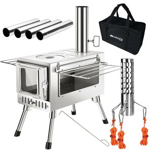 SENQI 薪スト ーブ 折りたたみ キャンプ 3面の耐熱ガラス・煙突・スパークアレスター・グリッド棚付き コンパクト アウトドア ウッドスト ーブ テント用 焚き火台 BBQ 調理 暖炉 冬 収納袋付き