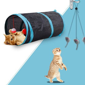 猫トンネル，Andiker 2穴付き猫トンネル折りたたみ可能水洗いキャットトンネル長いトンネル猫遊びペットおもちゃ (ブラック)
