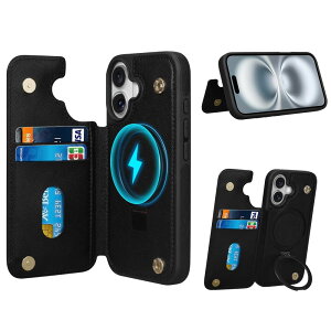 Shlybaay iPhone 16 用 ケース Magsafe対応 背面 手帳型 カード マグセーフ いPhone 16 用 背面ケース 手帳型ケース スマホケース ワイ ヤレス充電 カード収納 スタンド リング ホルダー カードケース