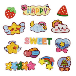 ワッペン ノンアイロン 貼るだけ 刺繍シール MUNCVY アップリケ DIY服 曇 イチゴ 虹 星 モチーフ 装飾 男の子 女の子 保育園 幼稚園 パッチ 補修 13枚セット 衣類 浴衣 手袋 手帳 飾り