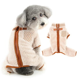 RANPHY 犬 服 秋 冬 犬の服 背中開きファスナー 犬用ロンパース かわいい 厚手フリースパジャマ 四つ足の服ふわふわ 暖かい秋冬服 袖あり超小型犬 小型犬 子犬 猫服ペット洋服 防寒コートDリング付格子柄ポケット付き部屋着お散歩撮影写真,ベージュ,XS
