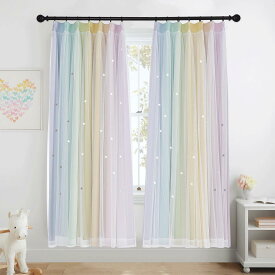 PONY DANCE 遮光カーテン 透かし彫り星柄 姫糸 ピンク＆パープル 可愛い キラキラ 柔らかいカーテン グラデーション レースカーテン付き 風呂場 台所 幼稚園 プライバシー保護 ベランダ 2枚組 100x80cm