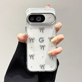 QLTYPRI Google Pixel 9a 用 ケース クリア シルバー ミニリボン おしゃれ 韓国 透明 可愛い 耐衝撃 スマホケース 立体 りぼん装飾 きらきら ピクセル 9A ケース 対応、シルバー