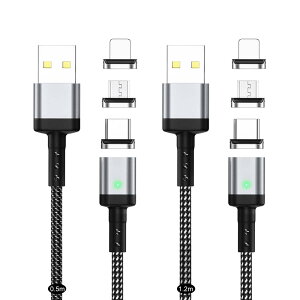 SUNTAIHO USB マグネット 充電ケーブル 3A急速充電USB磁気ケーブル【2本セット/6個磁気端子】データ転送にも対応したマグネット式USB充電コード USB Type-C、MicroUSB、USB Type-L 磁石 防塵 着脱式 USB Magn