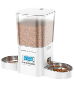 HONEYGUARDIAN 自動給餌器 猫 犬 2匹 タイマー式 3.5L容量 定時定量 1日6食 猫 餌 自動 2個のステンレスボウル付き 猫 中小型犬用 自動餌遣り機 複数の鮮度保持 水洗い可能 音声録音 手動給餌 緊急電源 詰まり防止センサー 日本語対応説明書付き ホワイト