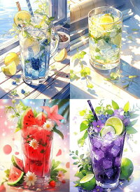 LEADINTOP ダイヤモンドアート スクエアビーズ 4枚 夏 カップ 30x40cm 四角いビーズ ダイヤモンドペインティング スクエア アートセット ビーズアート モザイクアート 人気 子供 大人 初心者 装飾 DIY 手芸 キット