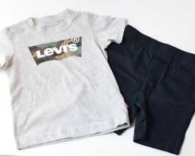 【Levi's】 2歳 3歳 2点セット 上下セット 男の子 トップス 半袖 半ズボン Tシャツ リーバイス キッズ プレゼント ロゴ入り 迷彩柄 黒 グレー カモフラ柄 並行輸入 シンプル コットン ポリエステル