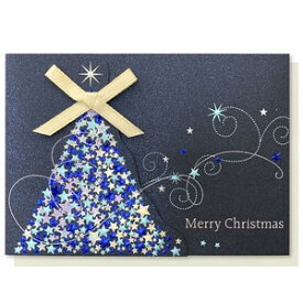 【クリスマスカード】 イタリア カード 中紙付 定形内 イタリアカード 紙製 エンボス加工 箔押し リボン付き ブルー 3