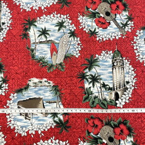 【ハワイ直輸入】【ハワイアンプリント】ハンドメイド生地 ハワイアン柄 カット生地 薄手 約113cm×0.5yd レッド 赤 ウクレレ ハイビスカス ハワイアン ハンドメイド 手芸 布 ファブリック ハ