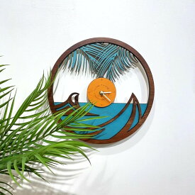 【送料無料】【Coco Nene】 時計 壁掛け Palm Wave Layered Clock ヤシの木 波 ALOHA ハワイ 海 砂浜 木製 hawaii ハワイ インテリア ハワイ製 ku