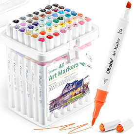 Ohuhu マーカーペン 筆タイプ 48色 初心者 筆・太字 イラストマーカー 三角軸 ブレンダーペン含み アルコールマーカー Bセット