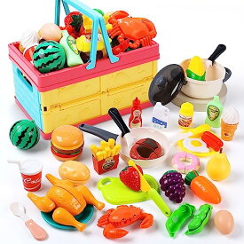 おままごとセット 知育玩具 ままごと 48点セット おもちゃ ごっこ遊び 折り畳みかご リアルな食材 果物野菜 切る遊び キッチンセット