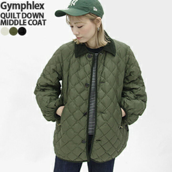 美品】Gymphlex キルトダウンコート．フード付きオリーブグリーン