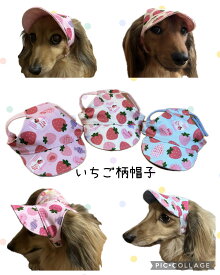 いちご柄わんちゃんの帽子　犬の帽子　犬服 人気犬服　被り物　犬の服　いちご柄　いちご狩り
