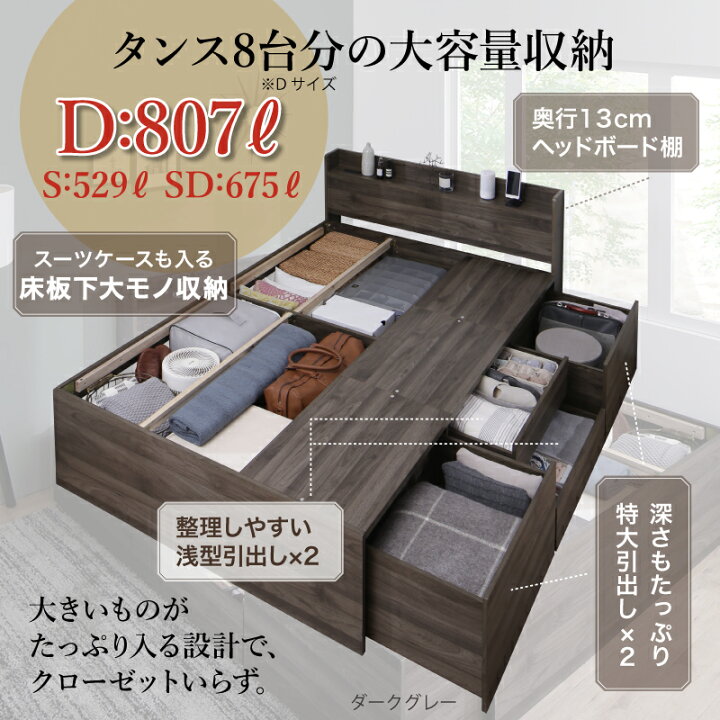 楽天市場】ベッド 大容量ベッド チェストベッド 収納付きベッド 