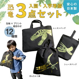 ＼店内最大1000円OFFクーポンあります！／ ハンドメイド 小学校 入学準備 3点 セット ( 恐竜 化石 箔プリント / 厚手オックス生地 )[ レッスンバッグ Mサイズ 40 × 30 ] | 男の子 防水 撥水 レッスンバック マチ付き 入園準備