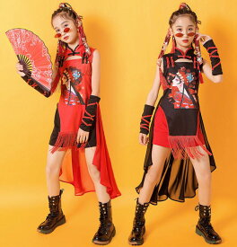 ダンス衣装 子供用 中華風 2点セット 女の子 チャイナ風 ジャズダンス ヒップホップ ストリートダンス衣装 チャイナドレス ノースリーブ ショートパンツ 袖カバー付き フィッシュテールドレス フリンジ付き 華流 舞台演出服団体服 ステージ衣装 赤＋黒 120~165