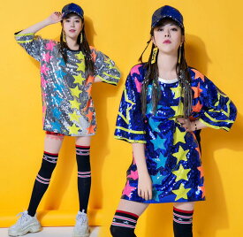 ダンス衣裳 レディース Tシャツ 半袖 ジャズダンス ヒップホップ ストリートダンス衣装 トップス ロング丈 スパンコール キラキラ DS舞台演出服団体服 ステージ衣装 着回し 普段着 星柄 カジュアル ダンスウェア 黒 銀 ブルー フリーサイズ