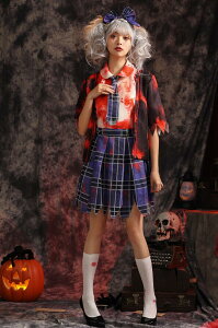 コスプレ仮装 ハロウィン衣裳 ゴシック コート シャツ スカート 髪飾り ネクタイ付き 上下セットアップ チェック柄 血 ゾンビ バンパイア cosplay JK イペント 仮装パーティー チアリーディン