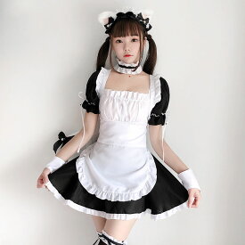 メイド服 メイドコス ミニ丈 ショート丈 半袖 ワンピース レディース ハロウィン仮装 衣装 5点~7点セット セクシー ウェイトレス服 エプロンドレス 裾フリル 可愛い メイド 仮装 カチューシャ付 大人 文化祭 イベント ゴスロリ ロリータ服 お猫ちゃん 黒＋白 S M L XL 2XL