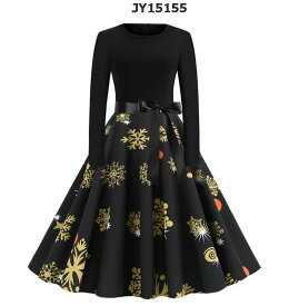 クリスマス 衣装 サンタ 衣装 レディース レトロ ワンピース 長袖 リボン 可愛い 大きい裾 フレア ワンピース サンタ 馴鹿 雪だるま 雪花 プリント スリム クルーネック サンタクロース Xmas 大人 舞台ステージダンス衣装 団体 お揃い コスプレ衣装 黒系 5色 S M L XL XXL