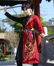 漢服 コスプレ衣装 メンズ 華やか 中華服 大人用 唐装 華流 龍 刺繍 長袖 チャイナ服 セットアップ ウエストと肩のベルトも付き！ イベント 学園祭 時代劇 舞台ステージダンス衣装 コスチューム 仮装 変装 黒赤 黒青 レッド ブルー M L XL 2XL 3XL