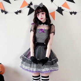 ハロウィン コスプレ 衣装 ロリータ ワンピース レディース 大人 セクシー バニーガール 仮装 ゴスロリ ドレス コスチューム 可愛い 裾フリル チェック柄 ワンピース 上下4点セット 大人用 魔女 悪魔 舞台ステージ衣装 学園祭 文化祭 余興 パーティー イベント 仮装 黒白