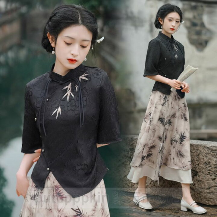 楽天市場】改良 漢服 女性 新作 おしゃれ 中華服 刺繍 黒系 チャイナ 